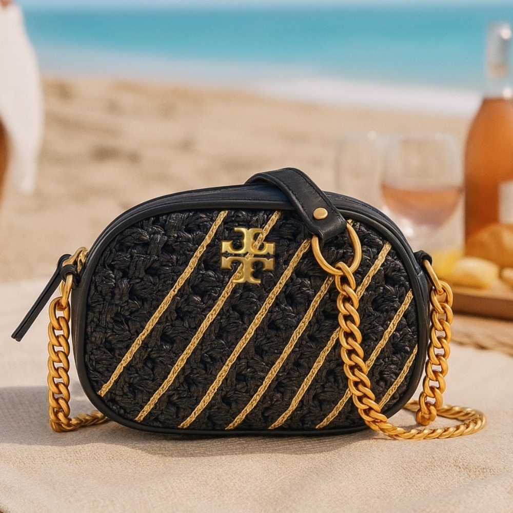 NEW Tory Burch Kira Crochet Black Raffia Small Camera/Crossbody Bag/Shoulder Bag
